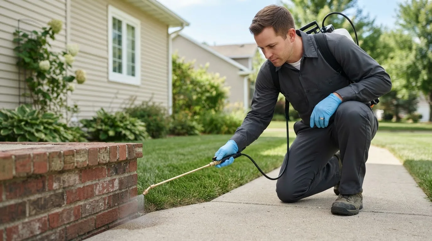 Pest control technician treating a home near Prosper, TX